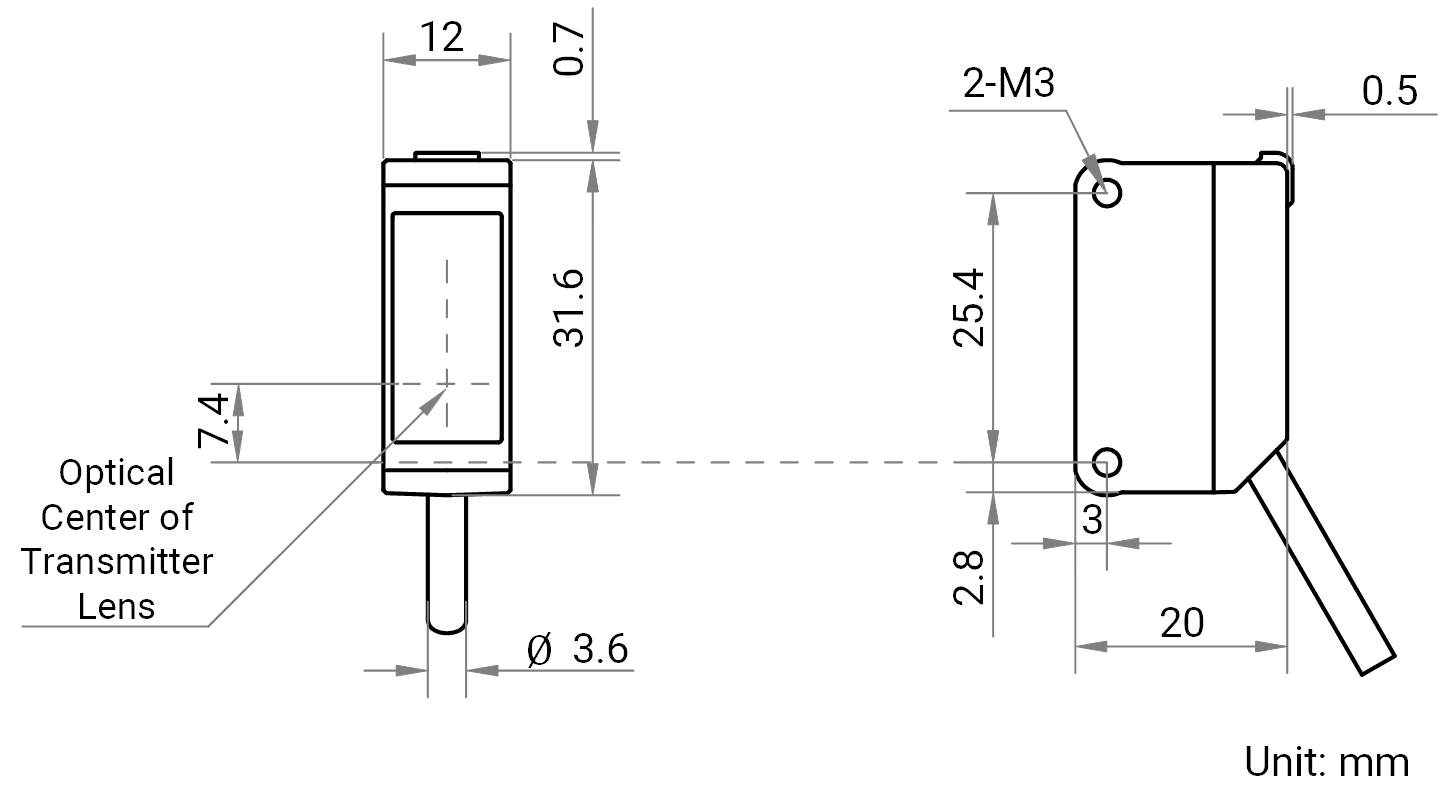 Maßzeichnung Hikrobot Einweglichtschranke MV-PE5101