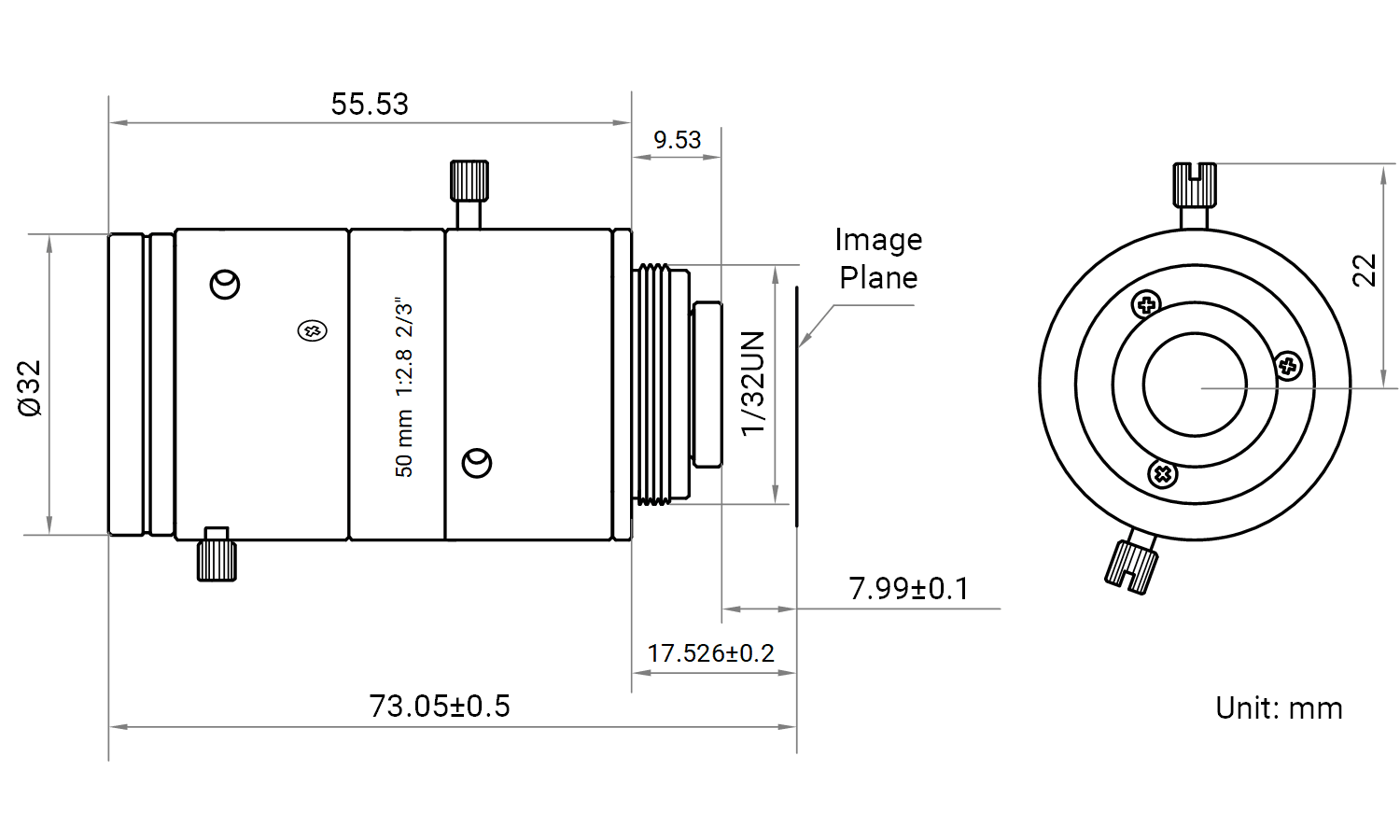 Maßzeichnung HikRobot Objektiv MVL-MF5028M-10MPE