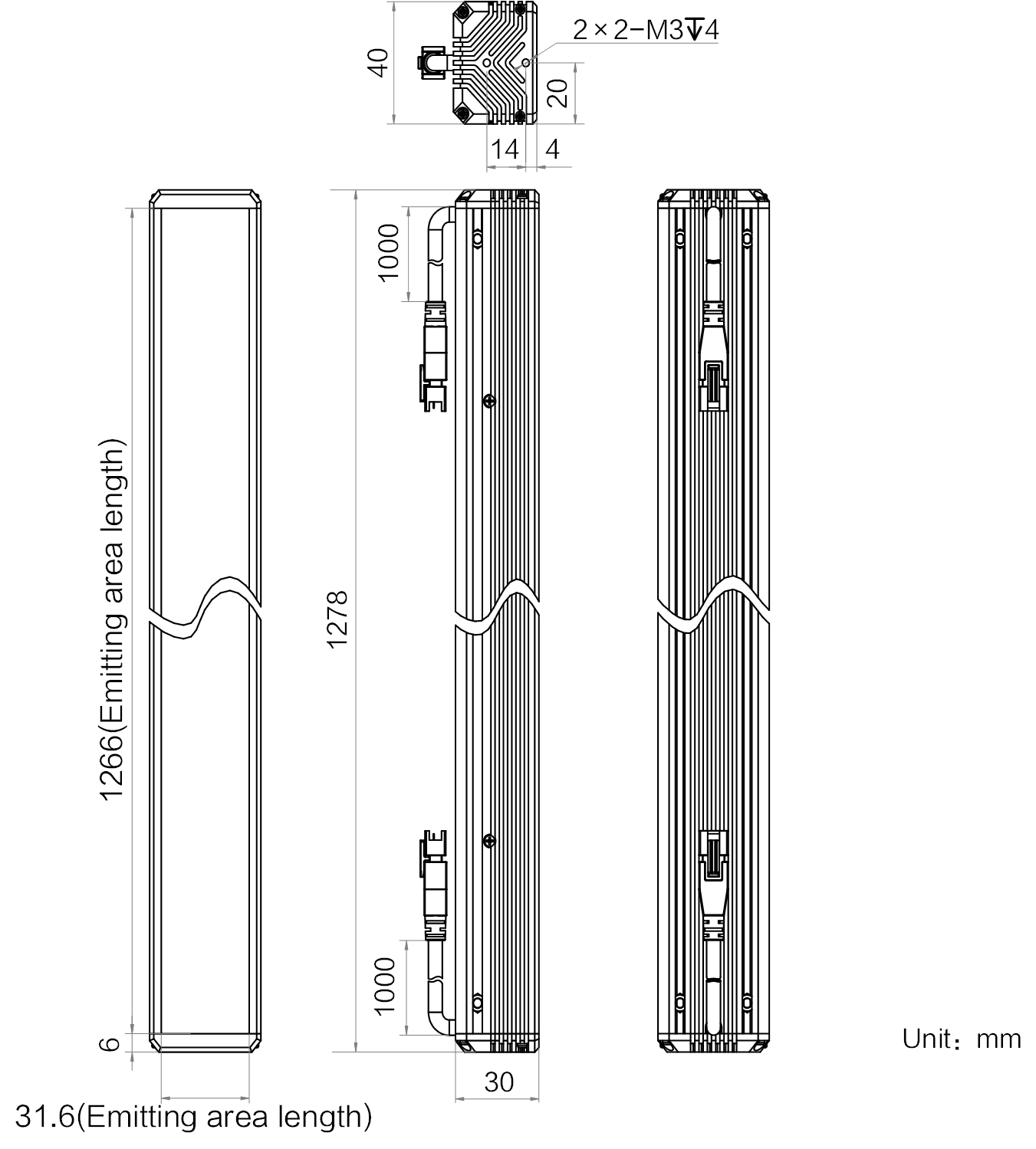 Maßzeichnung HIKROBOT Stablicht MV-LLDS-H-1400-40-R