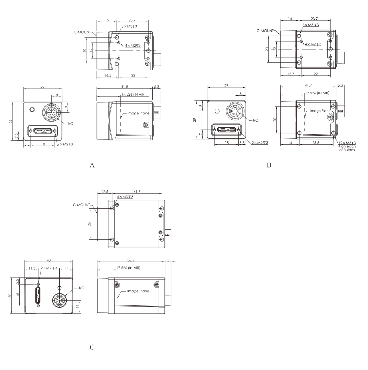 Maßzeichnungen CC1-Serie USB 3.0 (Gehäuse A, B, C)