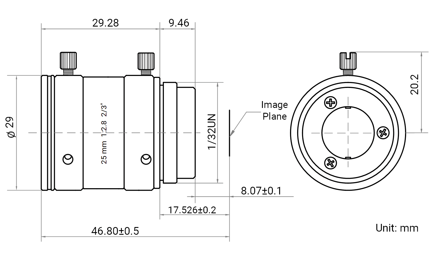 Maßzeichnung HikRobot Objektiv MVL-MF2528M-10MPE