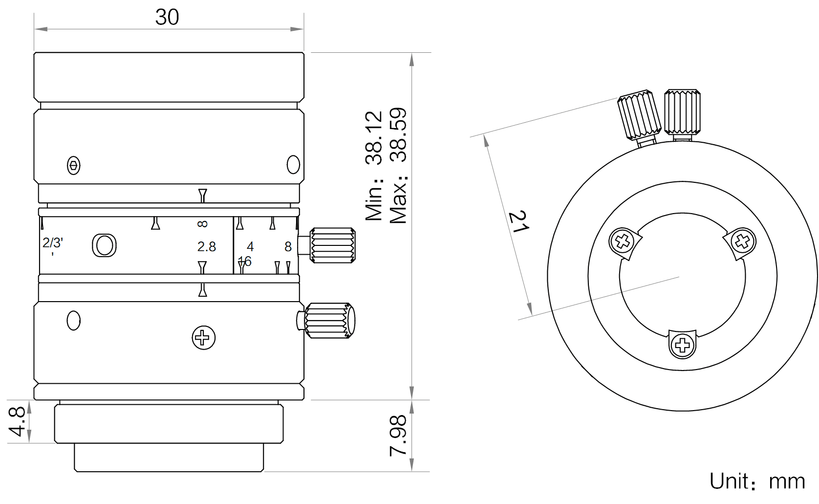 Maßzeichnung HikRobot Objektiv MVL-MF2528M-8MP