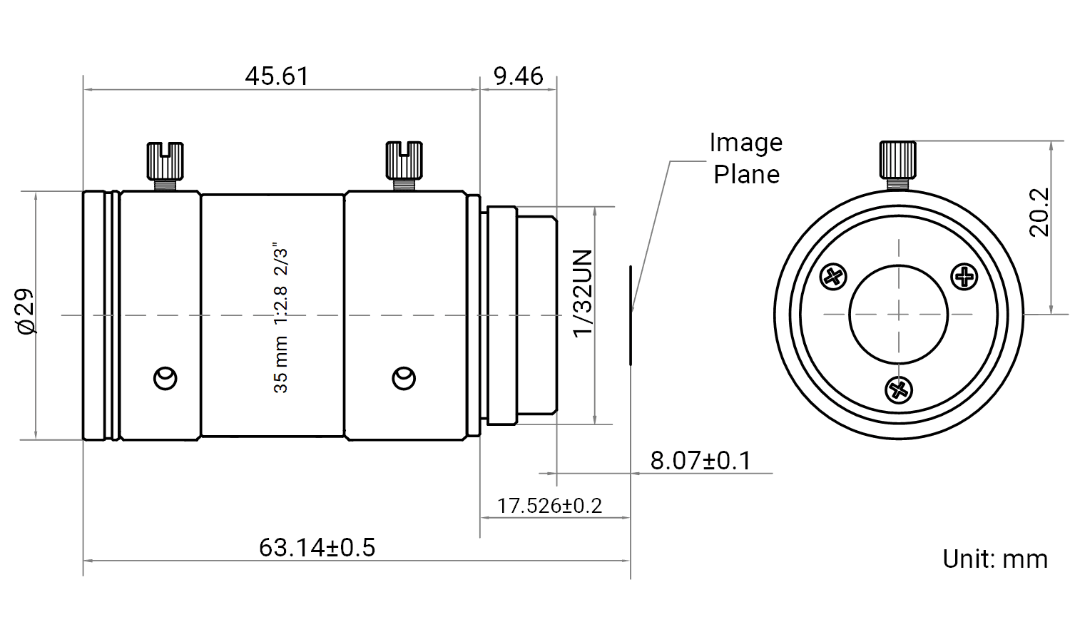 Maßzeichnung HikRobot Objektiv MVL-MF3528M-10MPE