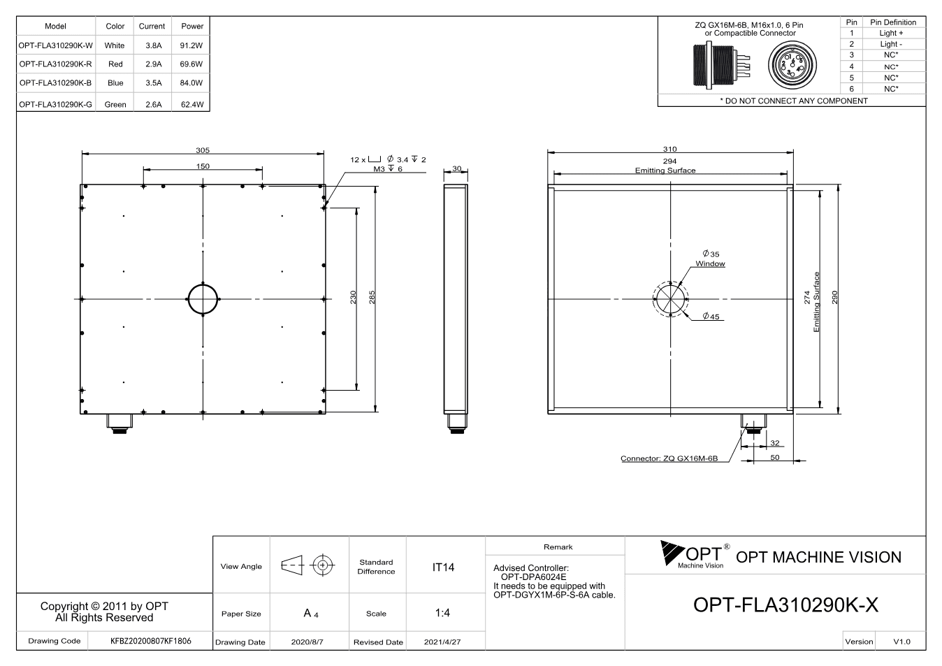 Maßzeichnung OPT-FLA310290K