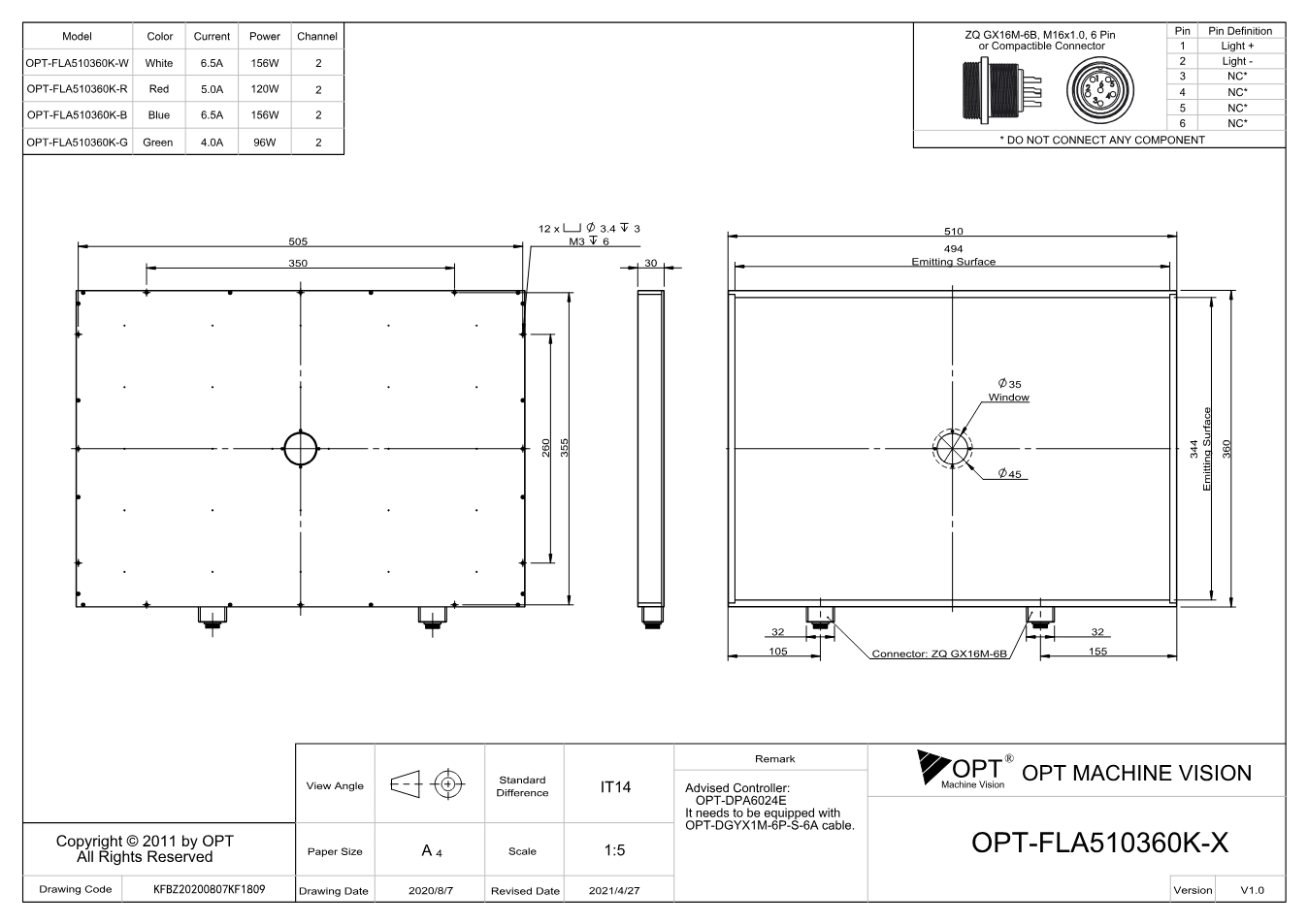 Maßzeichnung OPT-FLA510360K