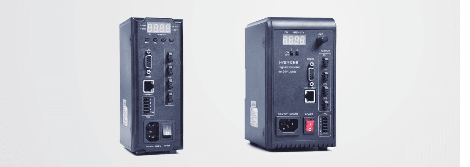 OPT-DPA2005EB-4 (links, Bedienfeld mit Tasten) und OPT-DPA2005E-4 (rechts, Drehsteller) – Frontansicht mit RS232, Ethernet und Lichtausgängen