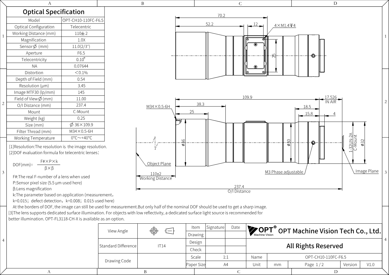 Maßzeichnung OPT-CH10-110FC-F6.5