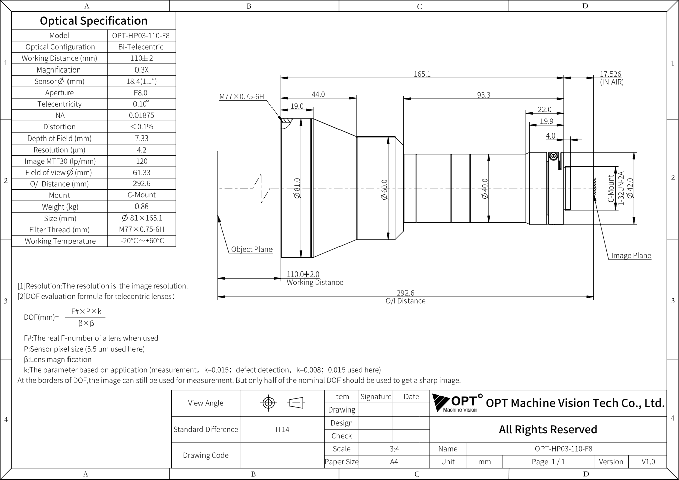 Maßzeichnung OPT-HP03-110-F8