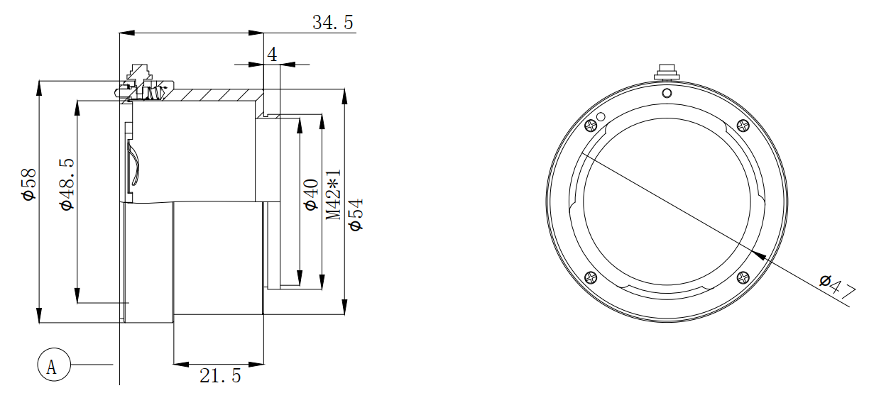 Maßzeichnung HikRobot Adapterring M42x1.0-F T34.5