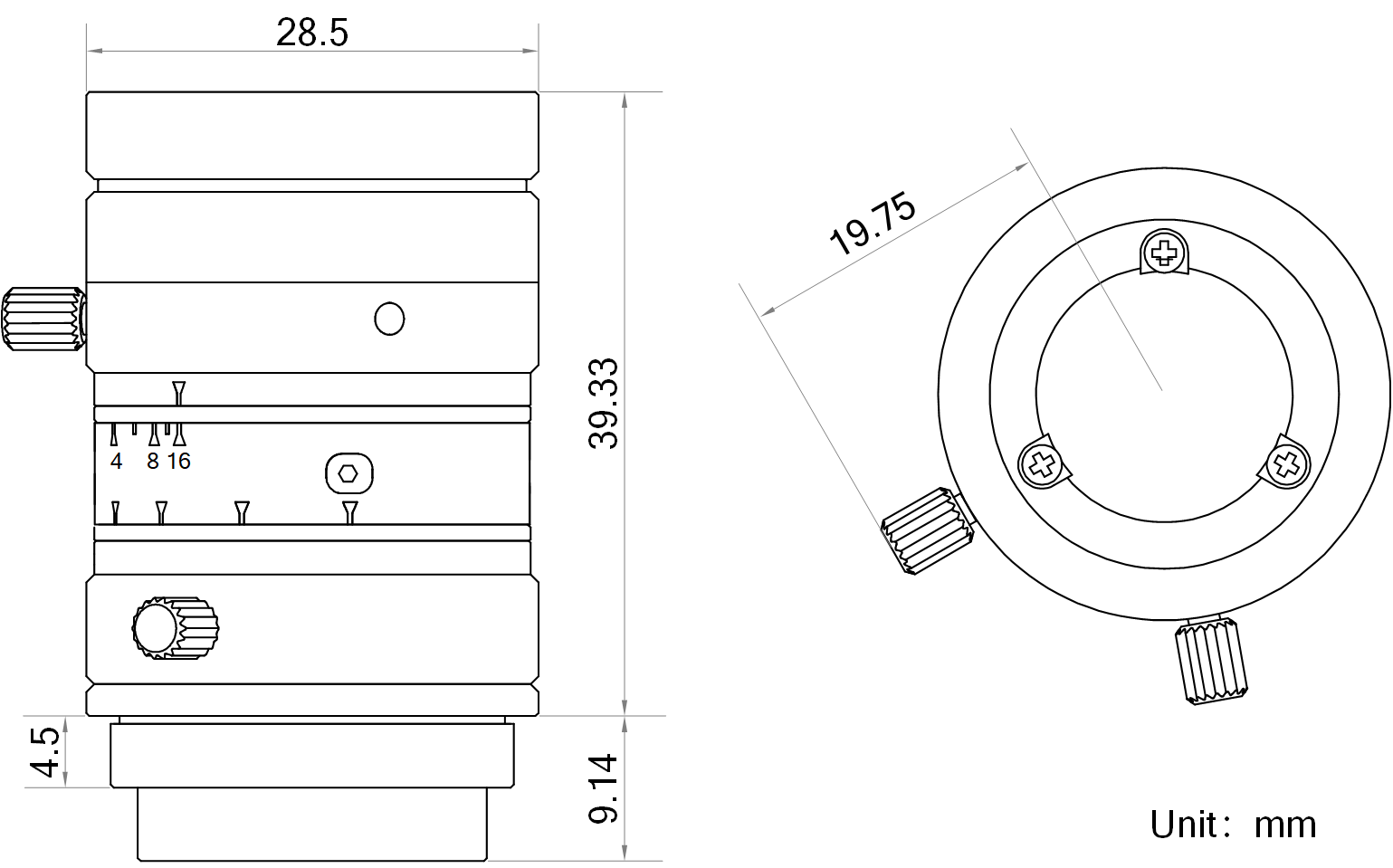 Maßzeichnung HikRobot Objektiv MVL-MF1628M-8MP