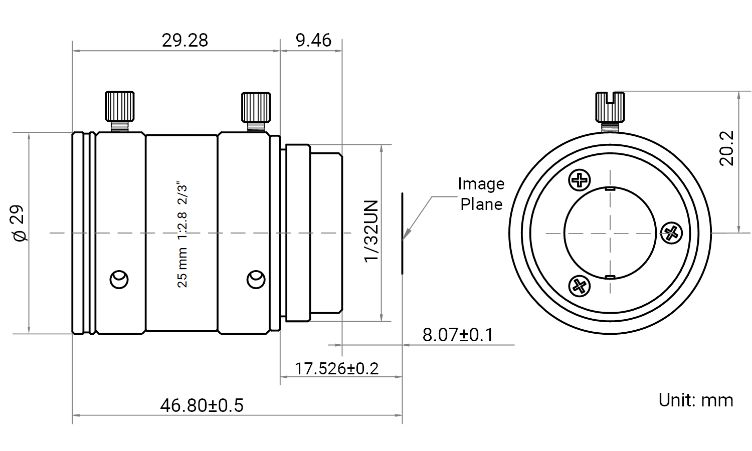 Maßzeichnung HikRobot Objektiv MVL-MF2528M-10MPE