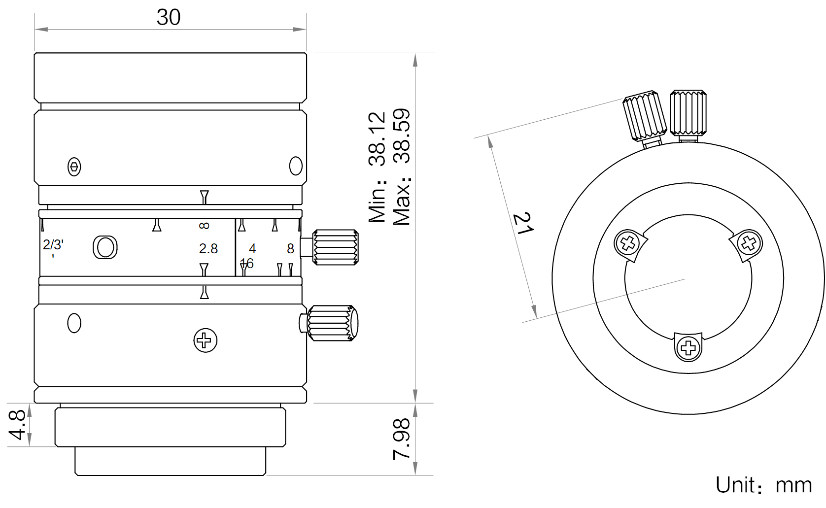Maßzeichnung HikRobot Objektiv MVL-MF2528M-8MP