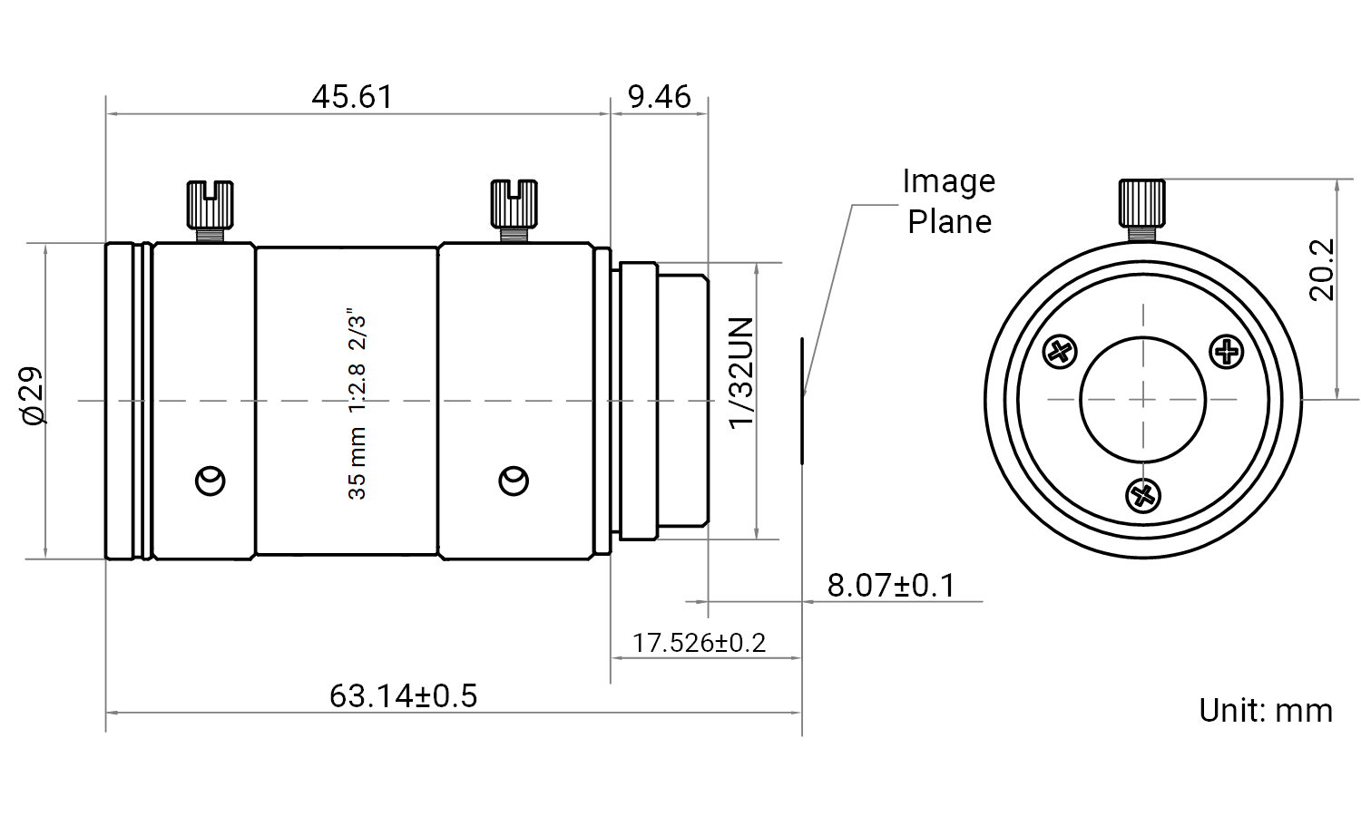 Maßzeichnung HikRobot Objektiv MVL-MF3528M-10MPE