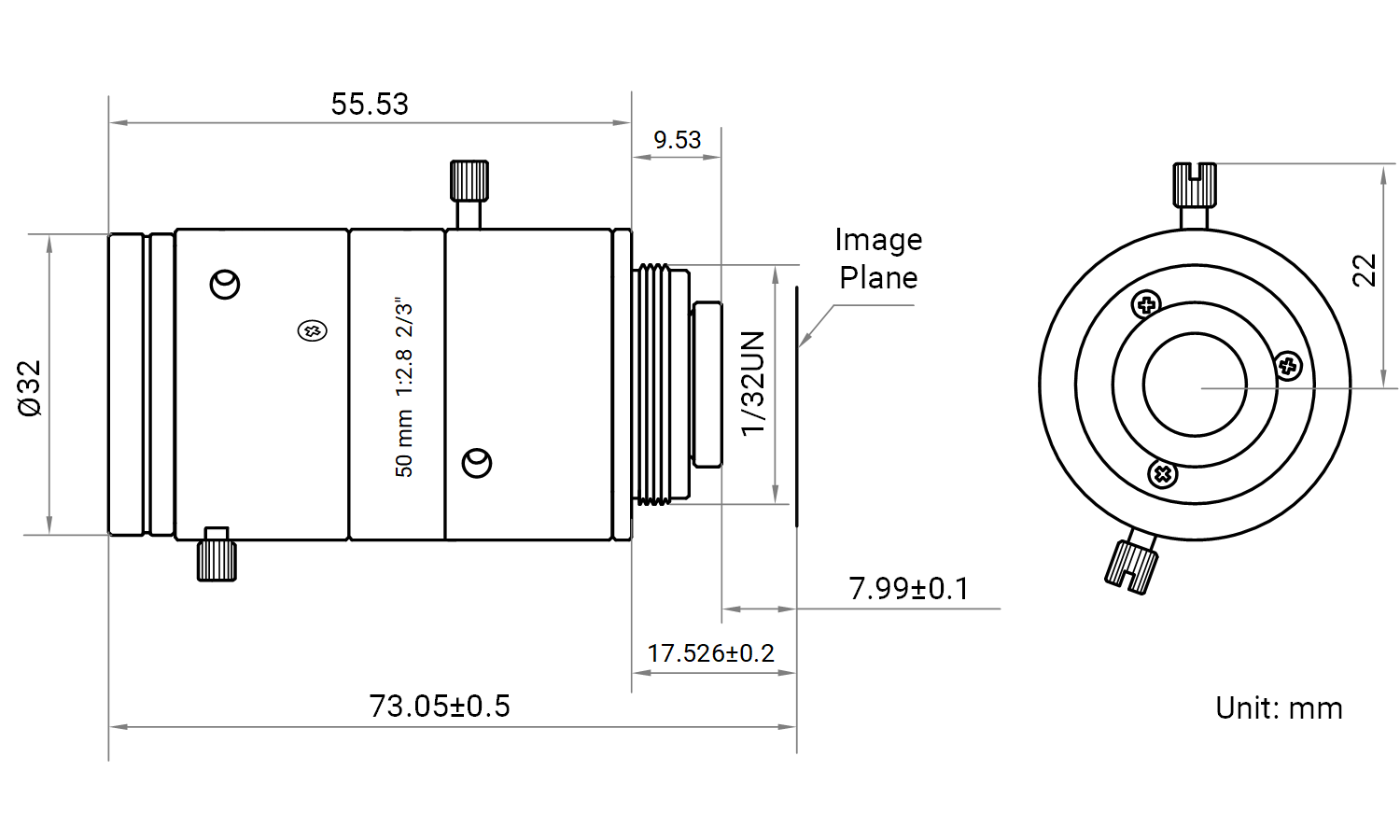 Maßzeichnung HikRobot Objektiv MVL-MF5028M-10MPE