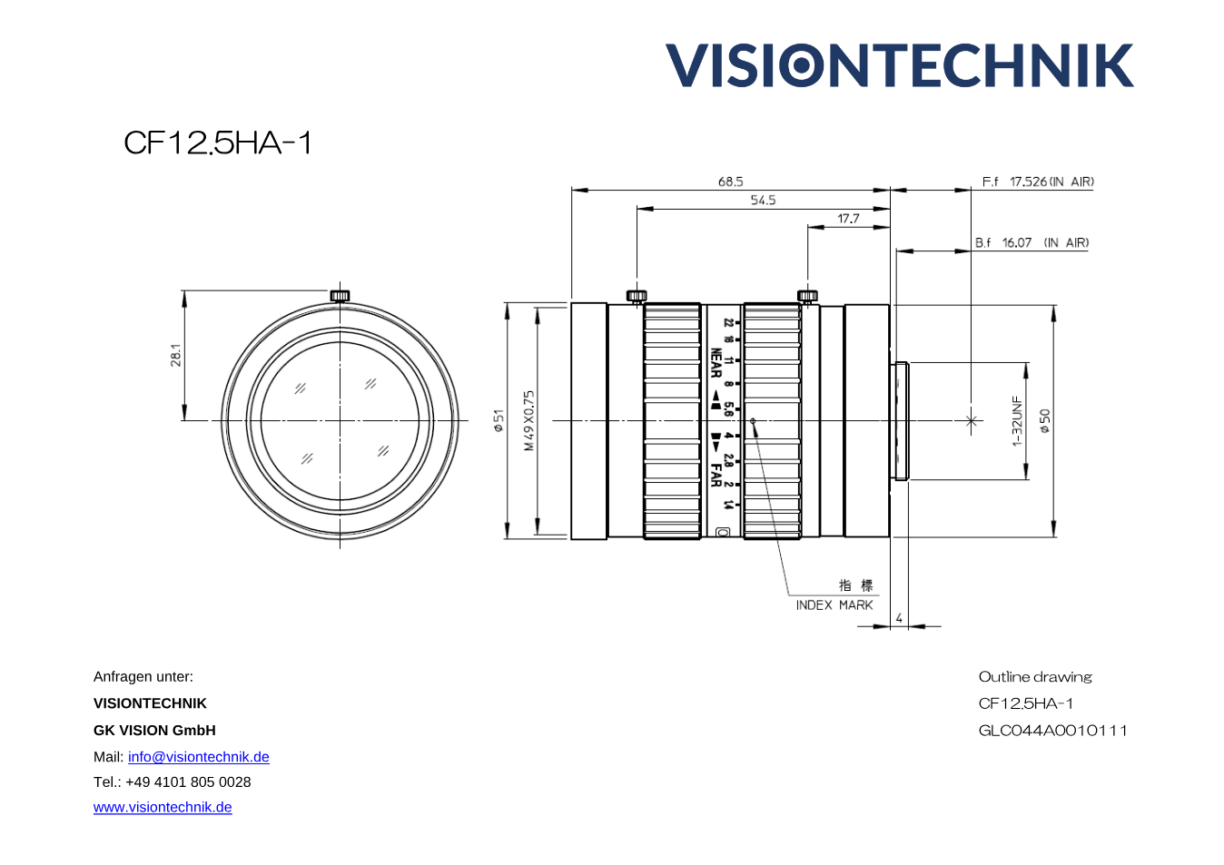 Maßzeichnung Fujinon CF12.5HA-1 C-Mount