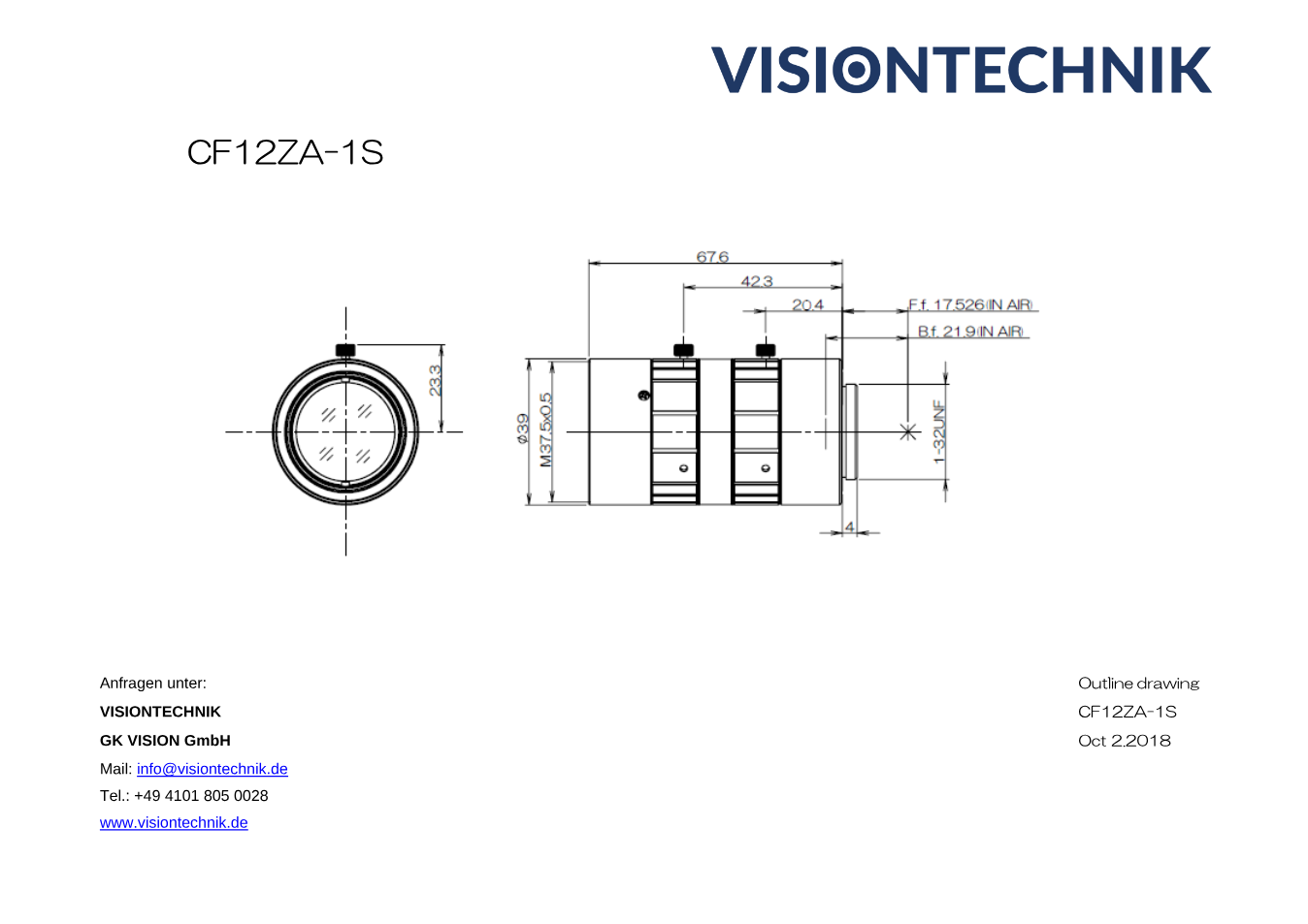 Maßzeichnung Fujinon CF12ZA-1S C-Mount