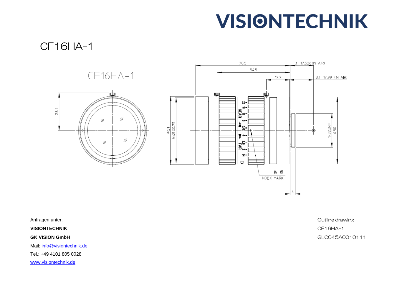 Maßzeichnung Fujinon CF16HA-1 C-Mount