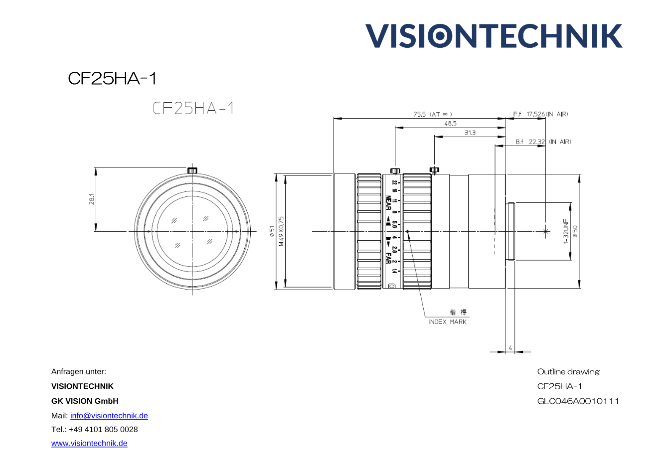 Maßzeichnung Fujinon CF25HA-1 C-Mount
