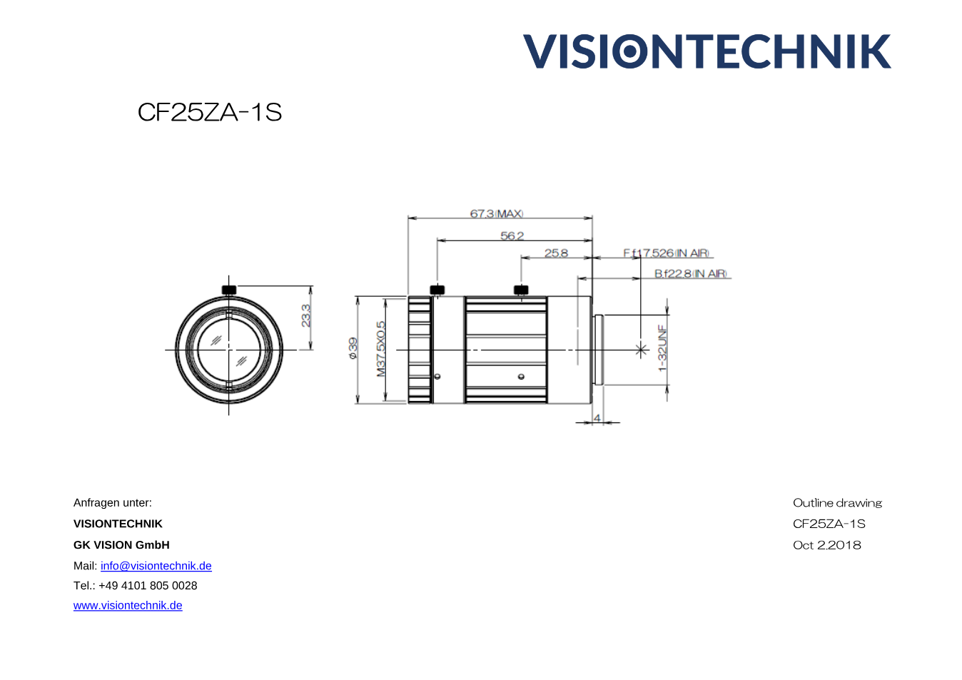 Maßzeichnung Fujinon CF25ZA-1S C-Mount