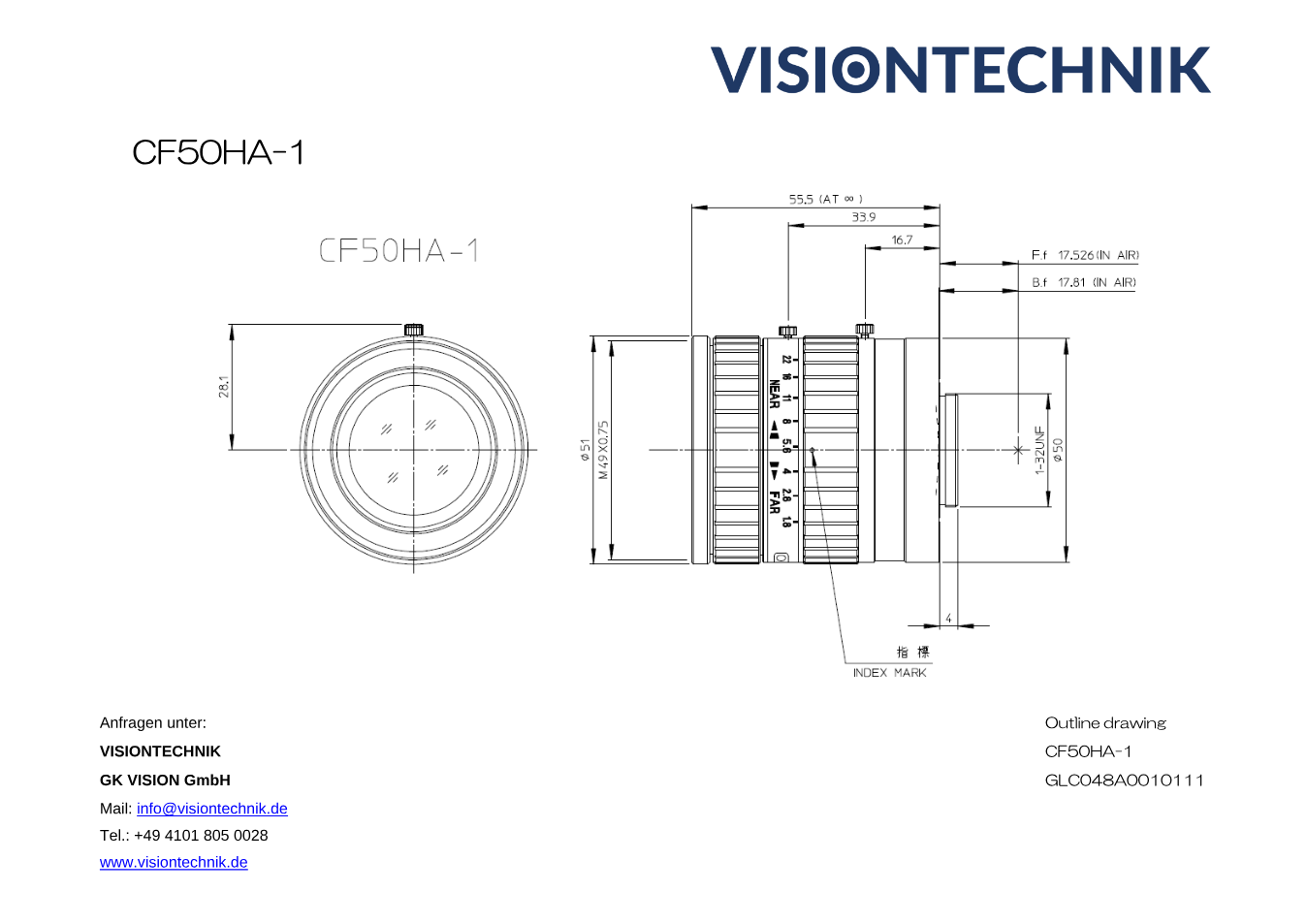 Maßzeichnung Fujinon CF50HA-1 C-Mount