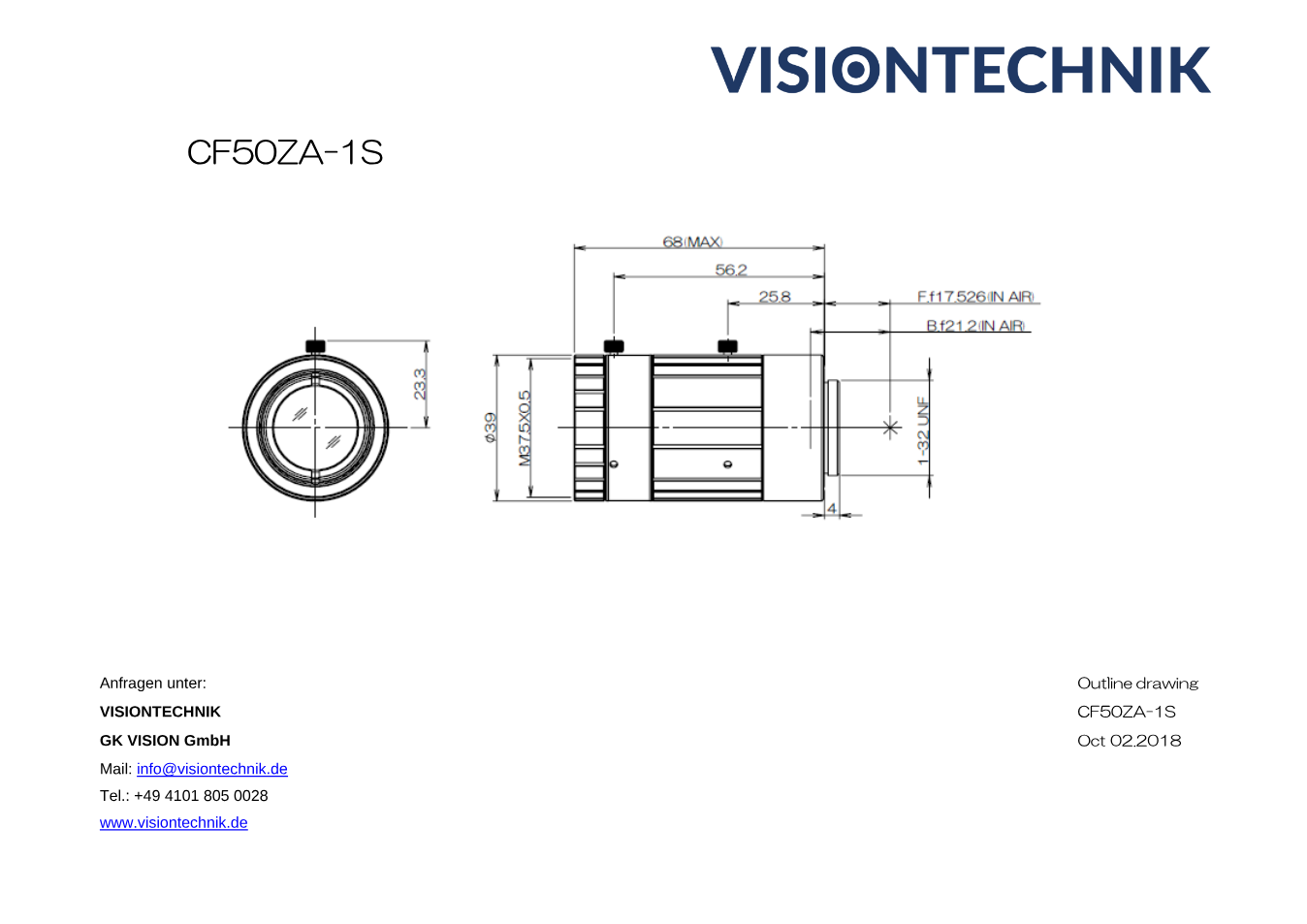Maßzeichnung Fujinon CF50ZA-1S C-Mount