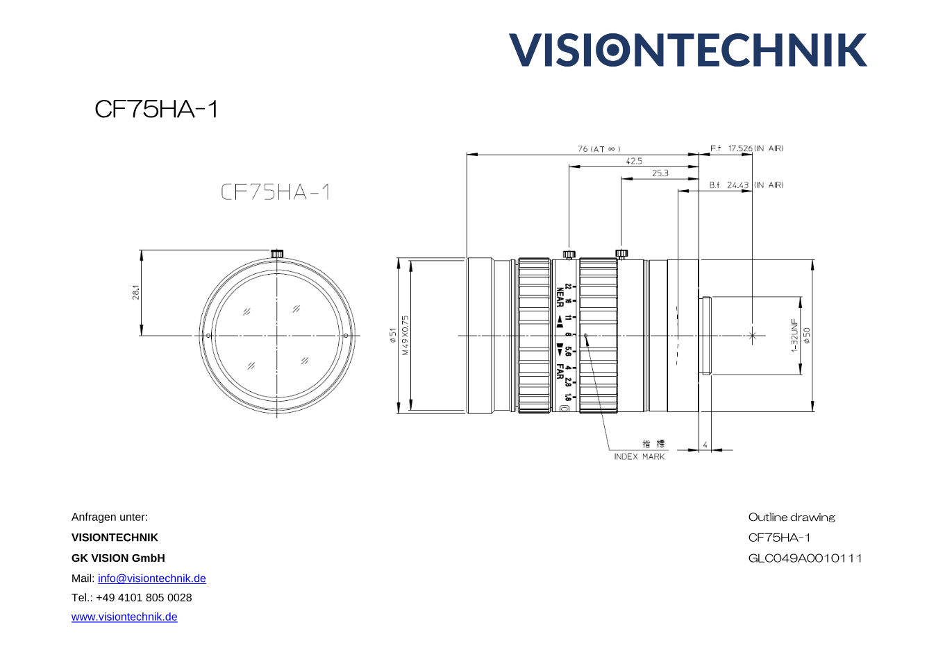 Maßzeichnung Fujinon CF75HA-1 C-Mount