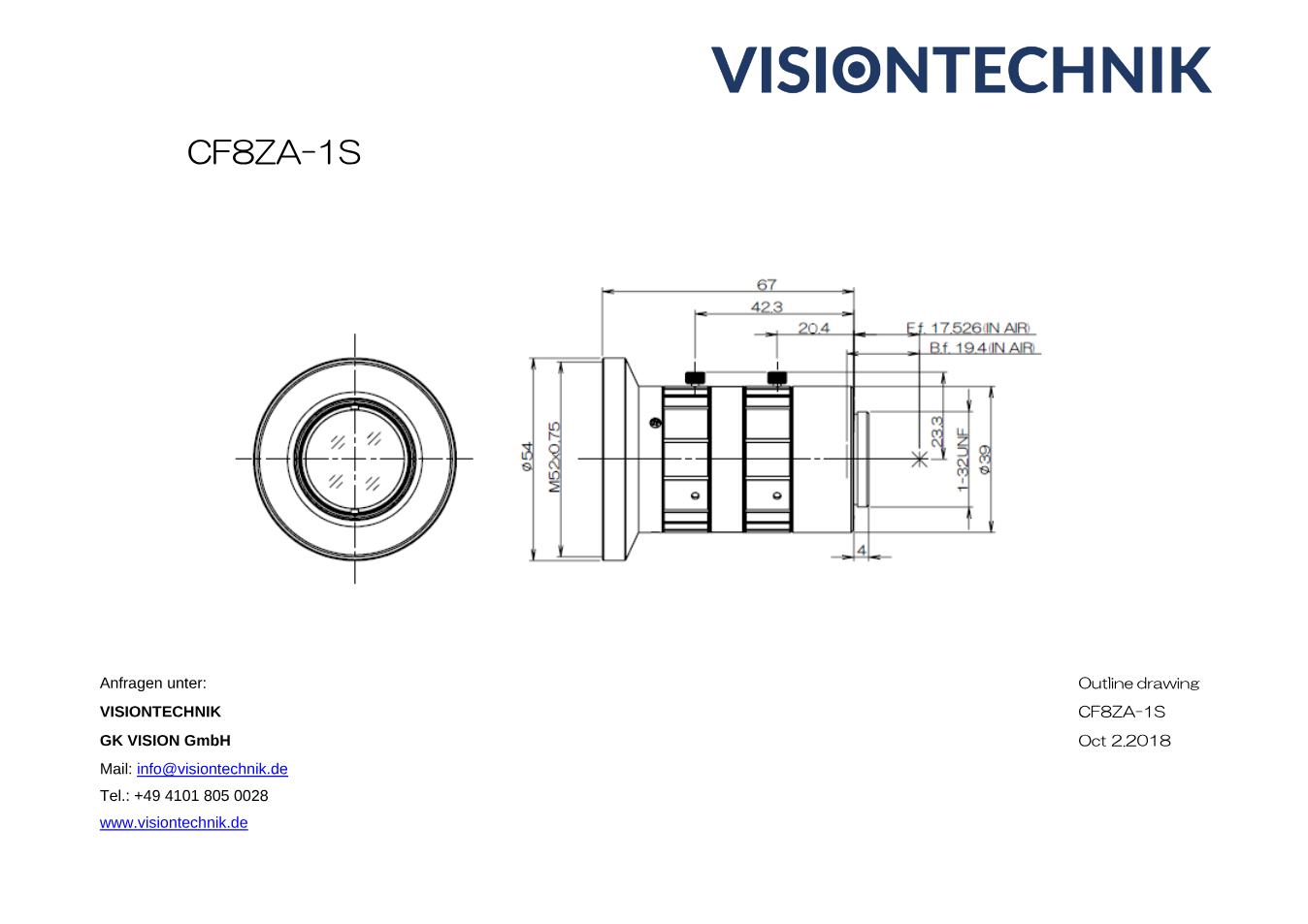 Maßzeichnung Fujinon CF8ZA-1S C-Mount