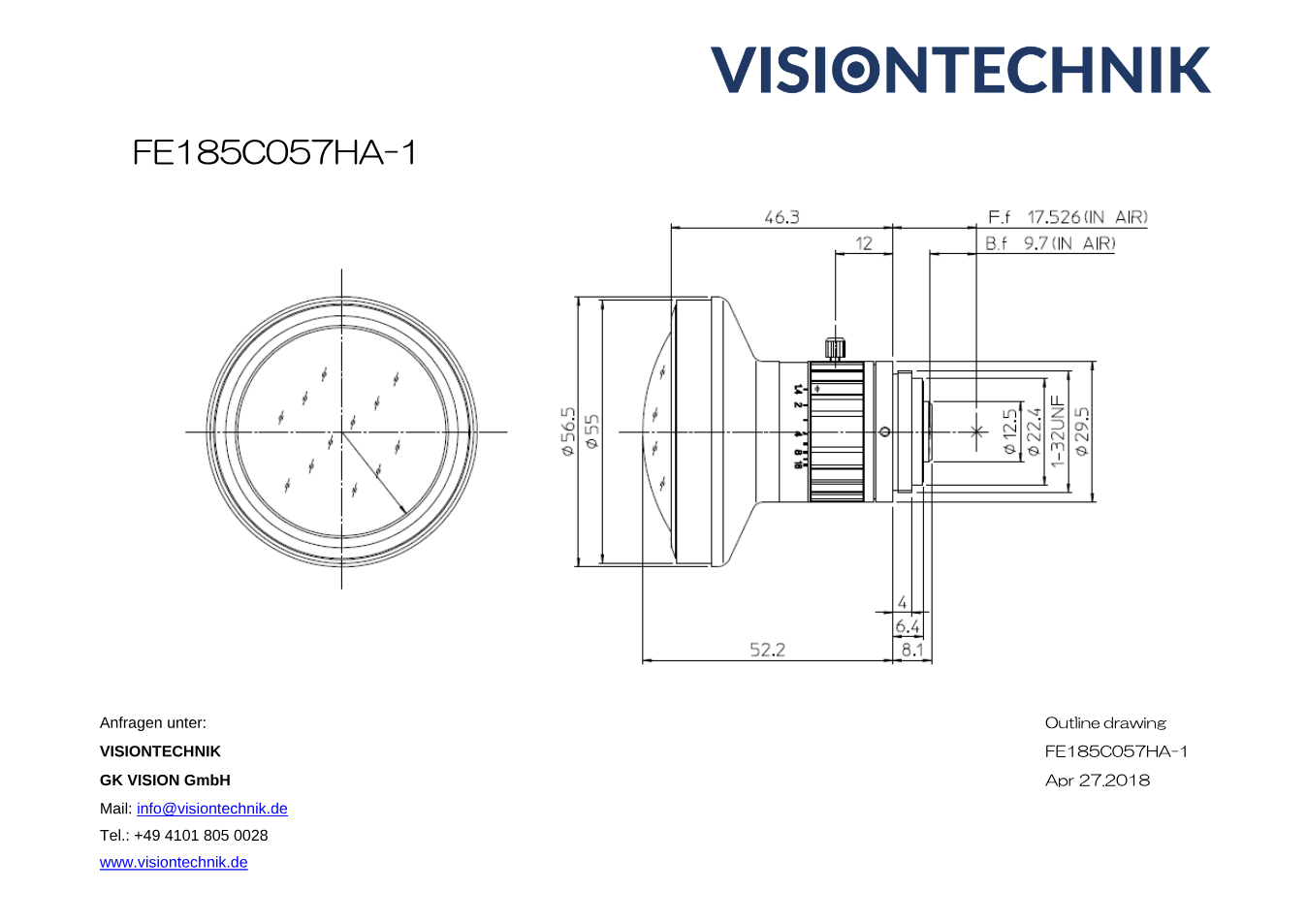 Maßzeichnung Fujinon FE185C057HA-1 C-Mount