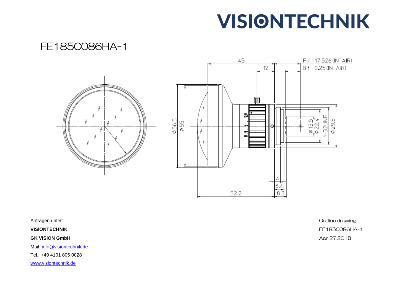 Maßzeichnung Fujinon FE185C086HA-1 C-Mount