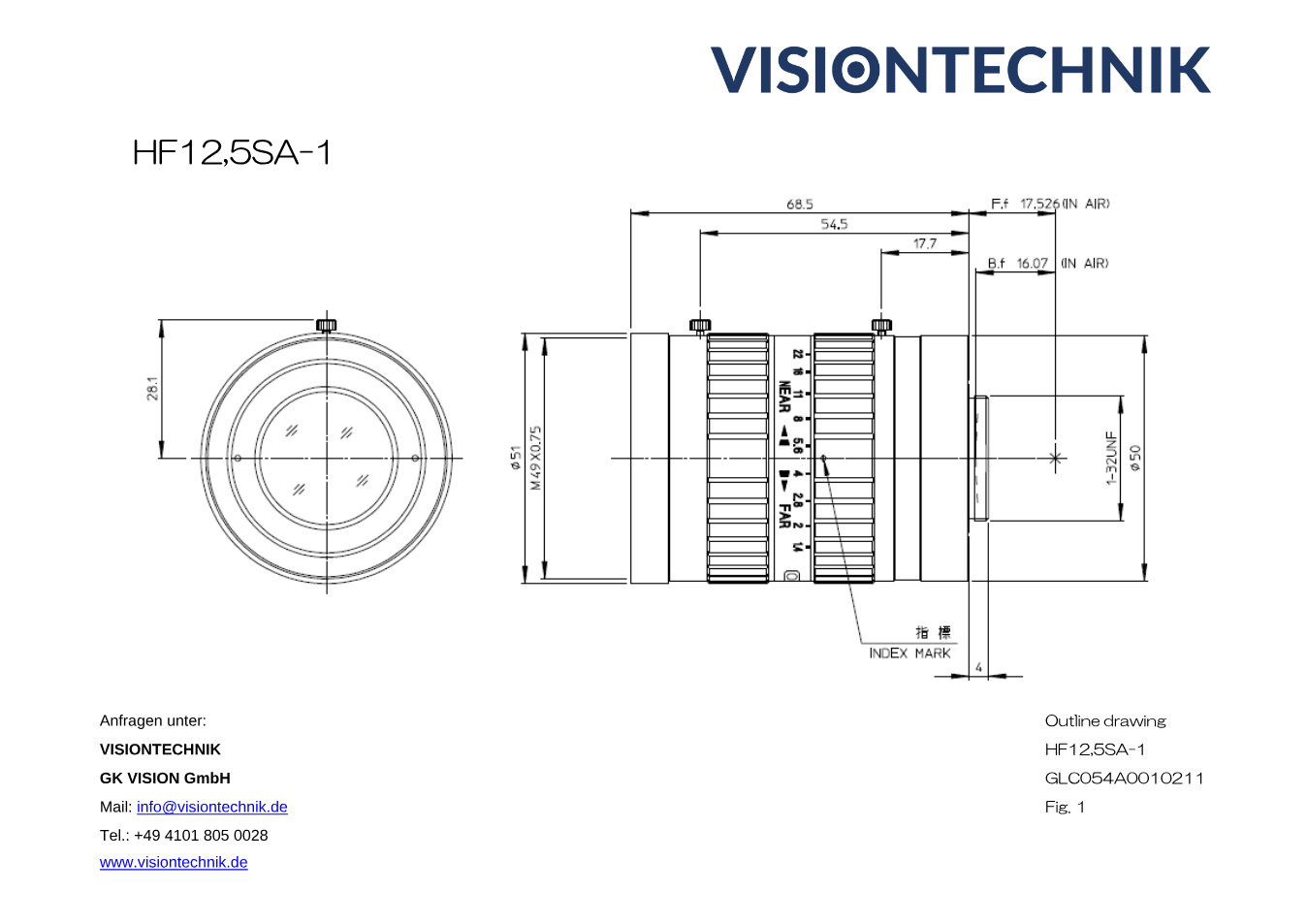 Maßzeichnung Fujinon HF12.5SA-1 C-Mount