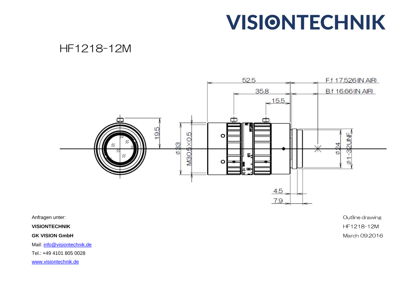 Maßzeichnung Fujinon HF1218-12M C-Mount