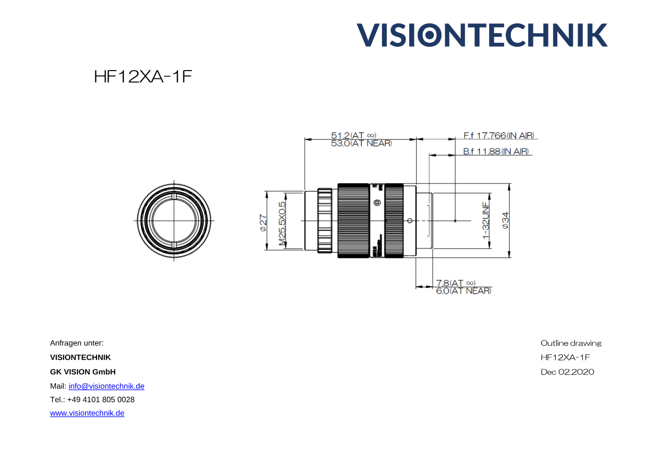 Maßzeichnung Fujinon HF12XA-1F C-Mount
