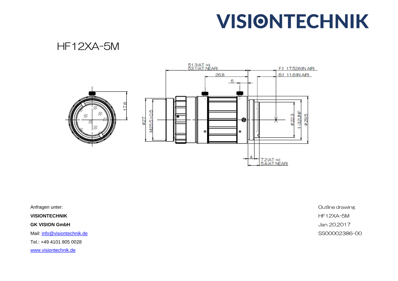 Maßzeichnung Fujinon HF12XA-5M C-Mount