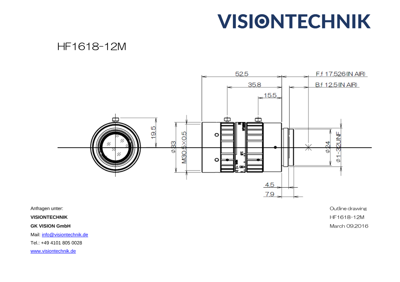 Maßzeichnung Fujinon HF1618-12M C-Mount