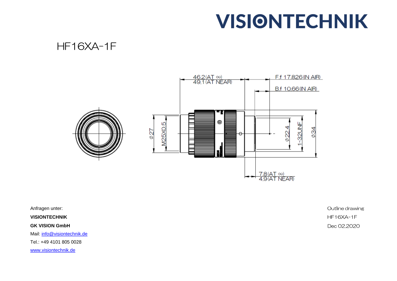 Maßzeichnung Fujinon HF16XA-1F C-Mount