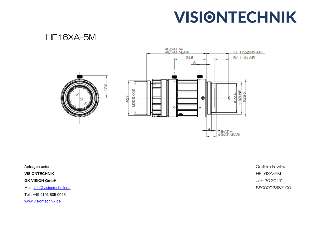 Maßzeichnung Fujinon HF16XA-5M C-Mount