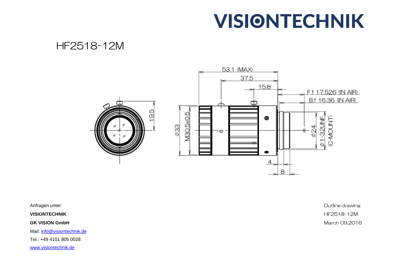 Maßzeichnung Fujinon HF2518-12M C-Mount