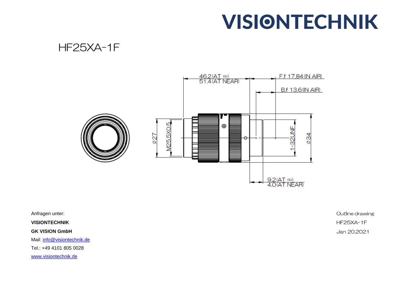 Maßzeichnung Fujinon HF25XA-1F C-Mount