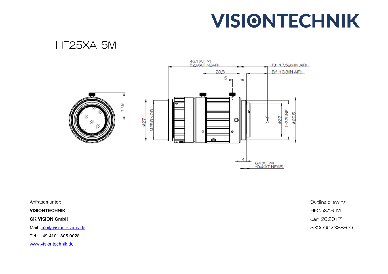 Maßzeichnung Fujinon HF25XA-5M C-Mount