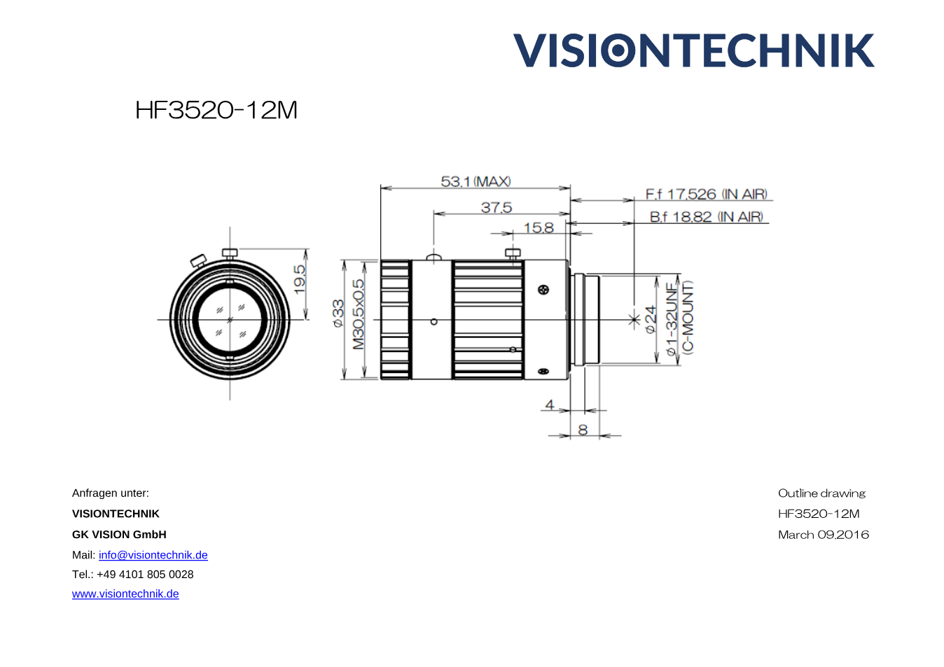 Maßzeichnung Fujinon HF3520-12M C-Mount