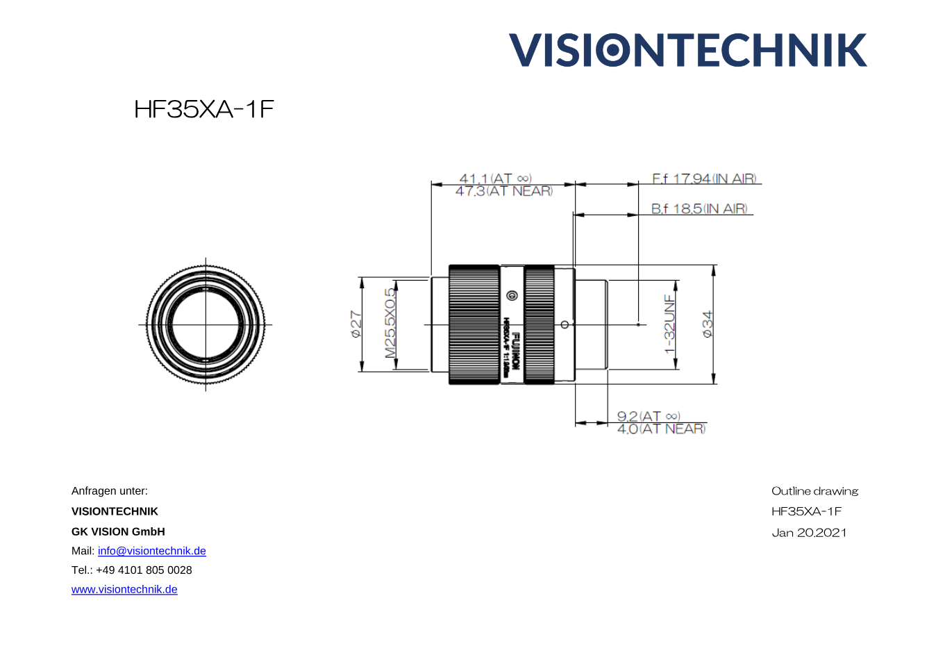 Maßzeichnung Fujinon HF35XA-1F C-Mount