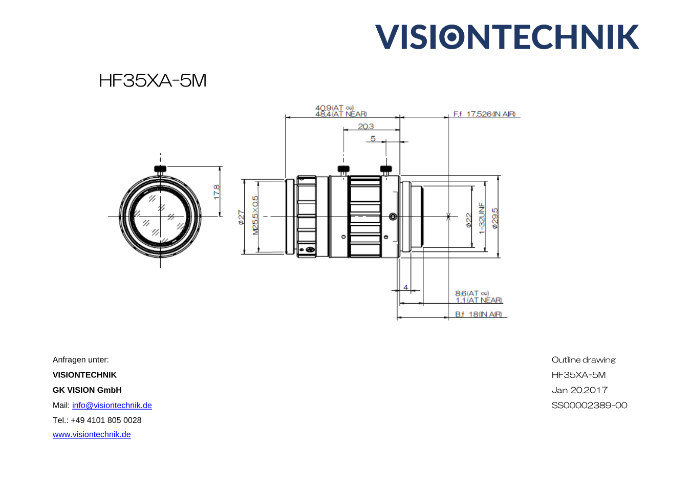 Maßzeichnung Fujinon HF35XA-5M C-Mount