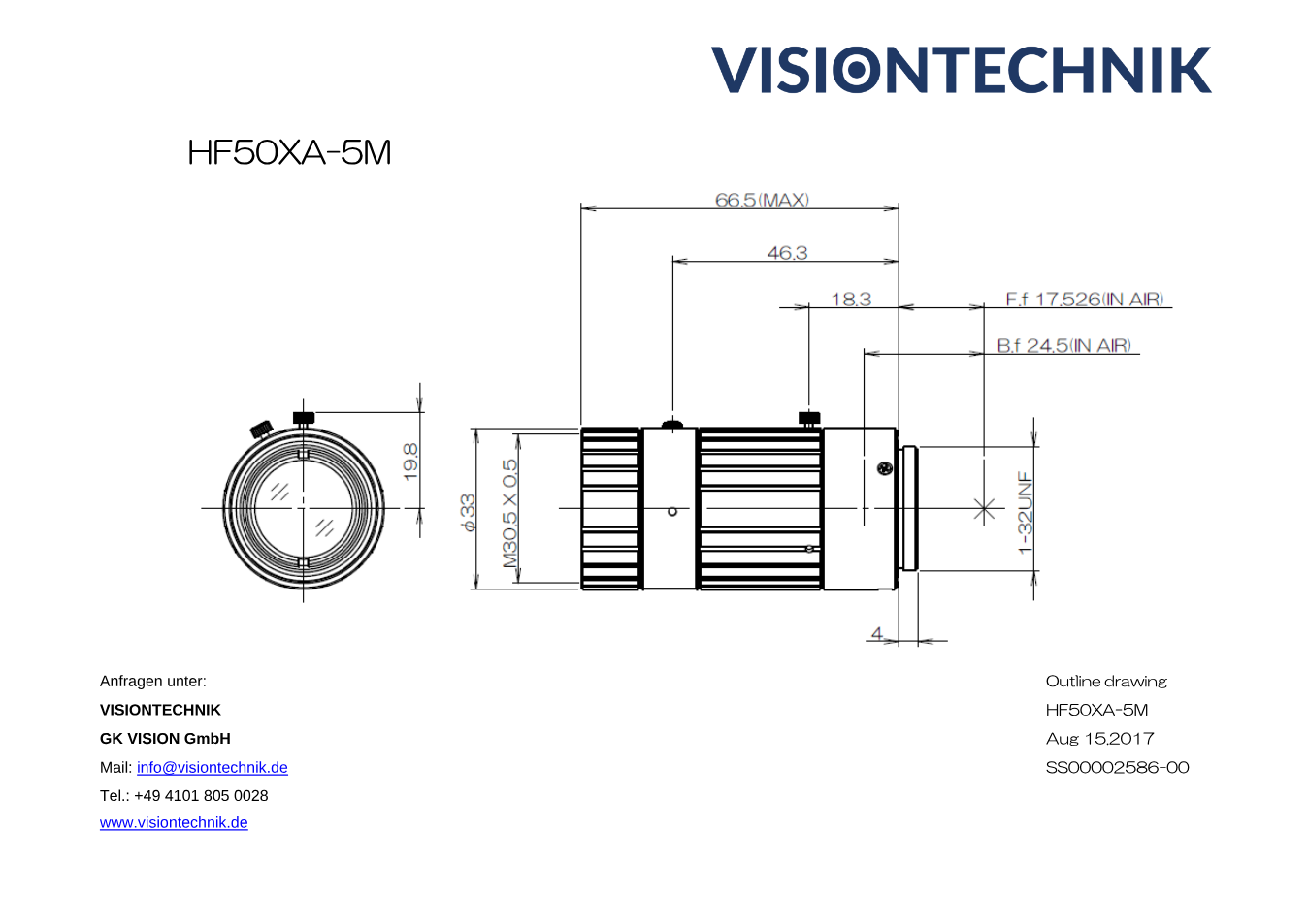 Maßzeichnung Fujinon HF50XA-5M C-Mount