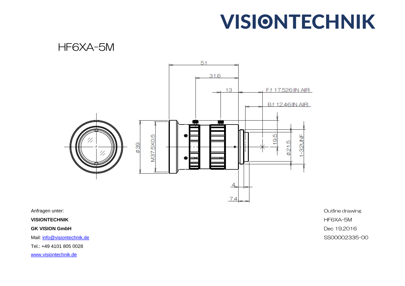 Maßzeichnung Fujinon HF6XA-5M C-Mount