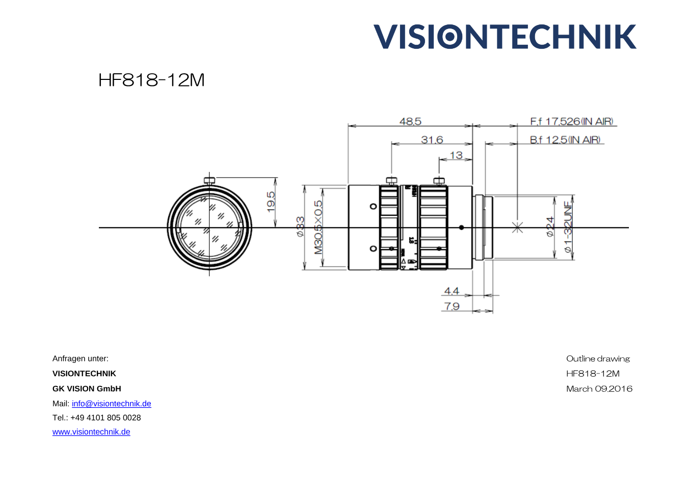 Maßzeichnung Fujinon HF818-12M C-Mount