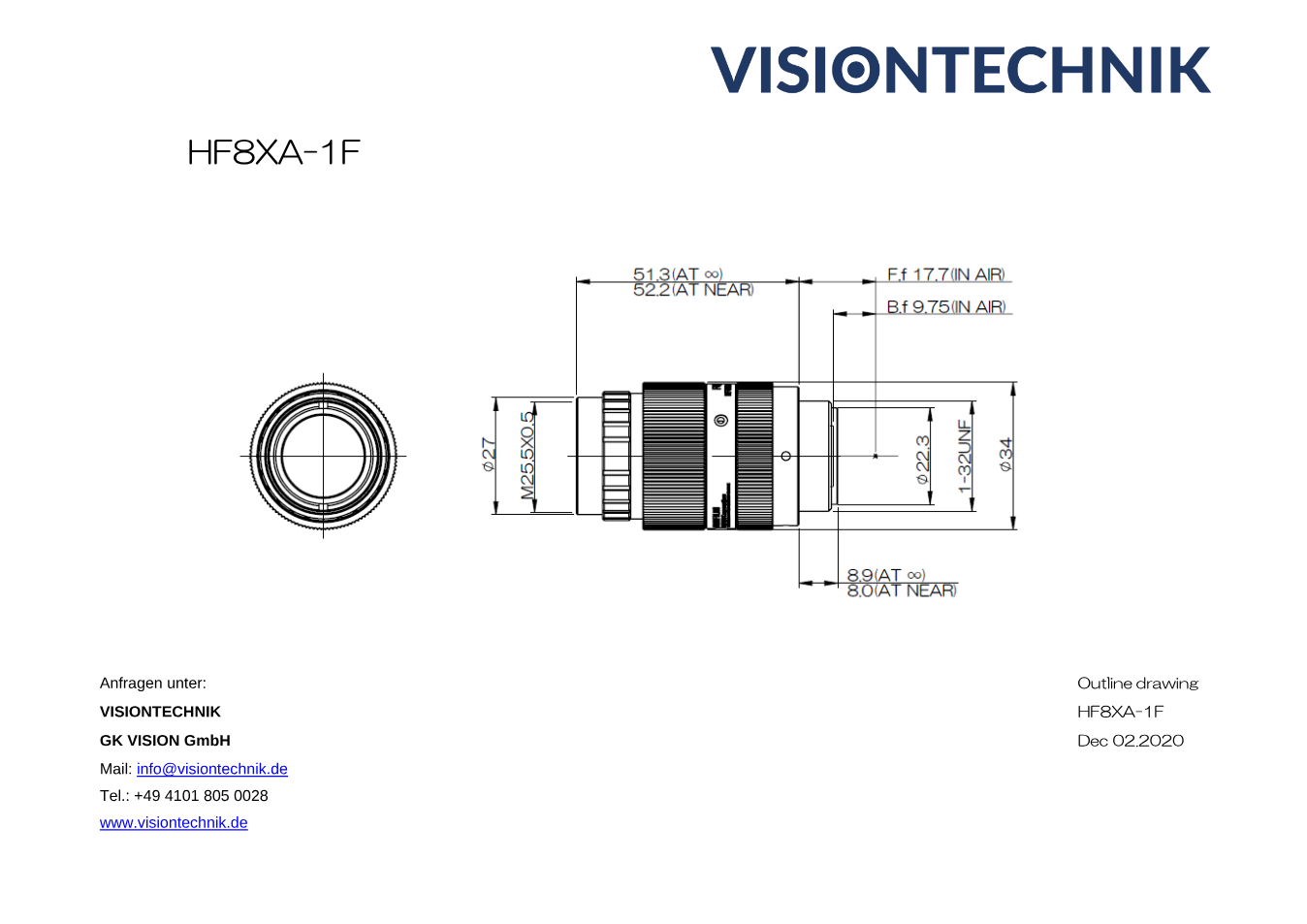 Maßzeichnung Fujinon HF8XA-1F C-Mount