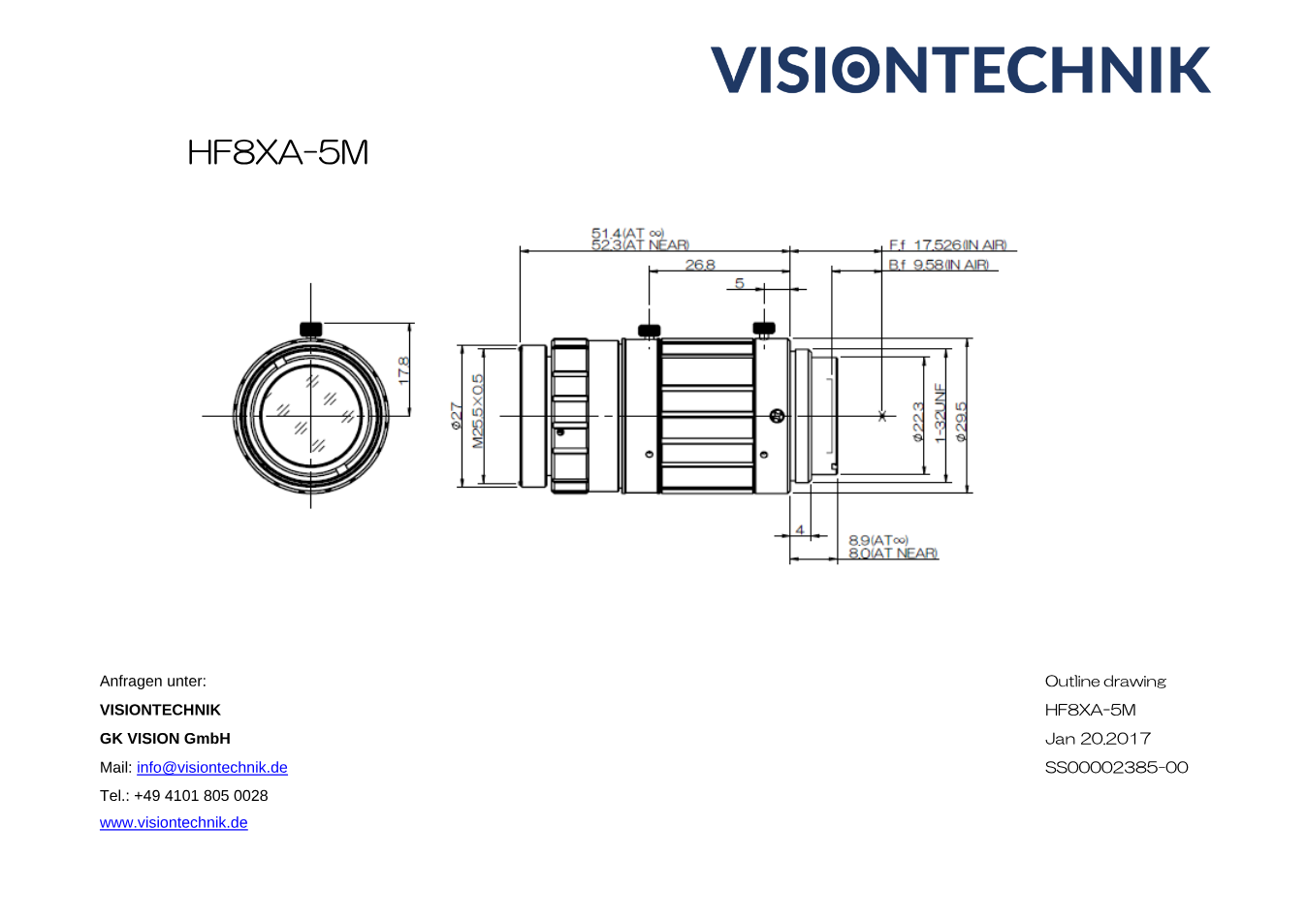 Maßzeichnung Fujinon HF8XA-5M C-Mount