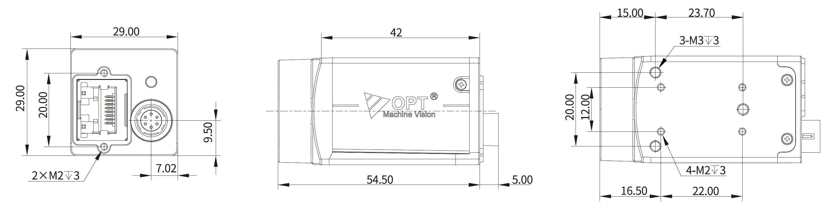 OPT-CC1-C016-GG3-00 Maßzeichnung (Gehäuse 29 × 29 mm)