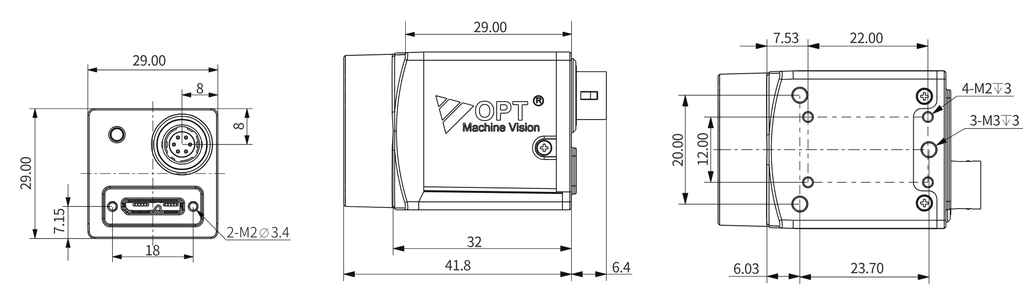 OPT-CC1-M050-UG3-11 Maßzeichnung (Gehäuse 29 × 29 mm)