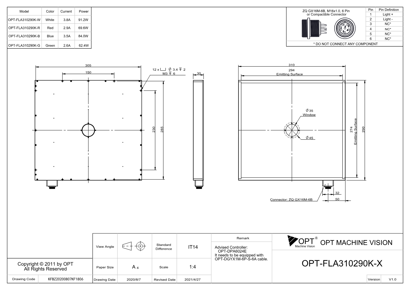 Maßzeichnung OPT-FLA310290K